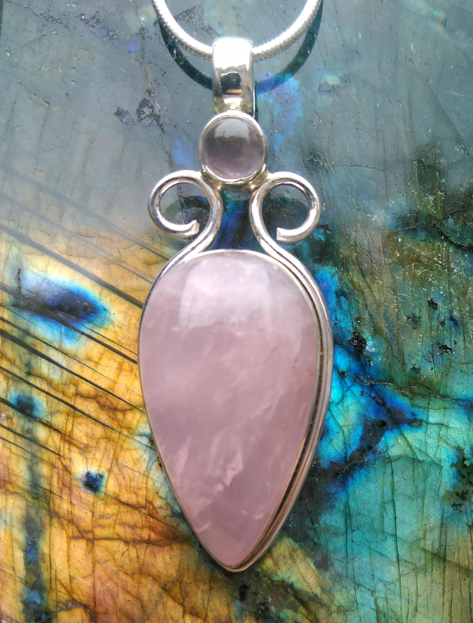 Rose Quartz Goddess Pendant, Mounted in Sterling Silver on an 18 inch Silver snake Chain